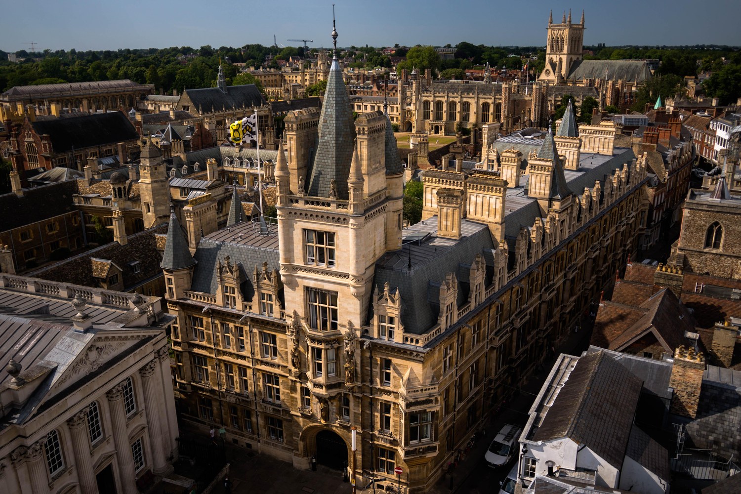 Aerial view of historic university buildings