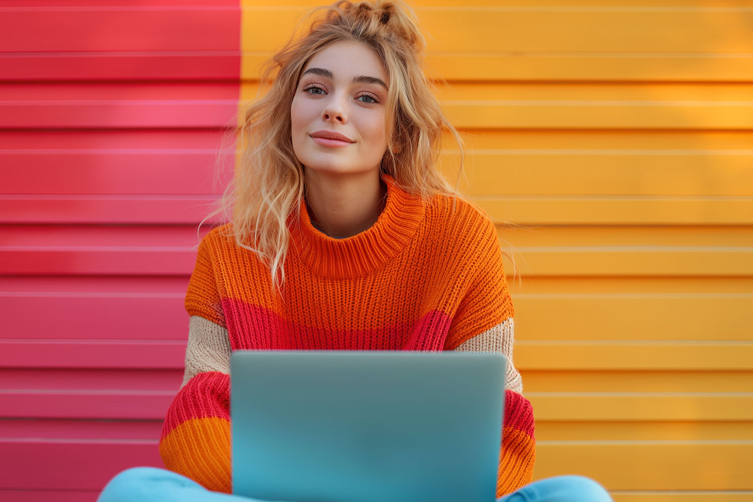 Student working on a laptop against a bright colourful background